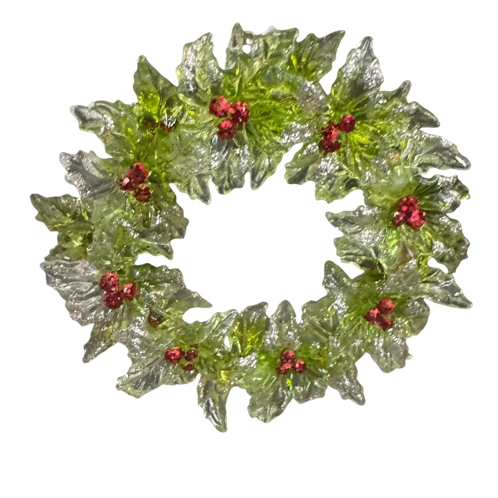Vintage Acrylic Holly‎ Wreath Christmas Ornament Green Silver Red Glitter 5"